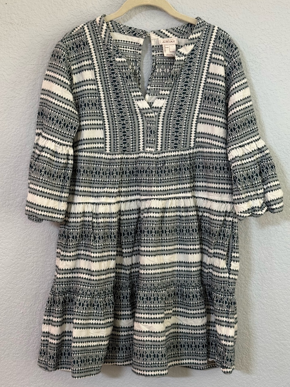 Ariat Savanna Blue Ivory Geometric Tiered Boho Western Dress L